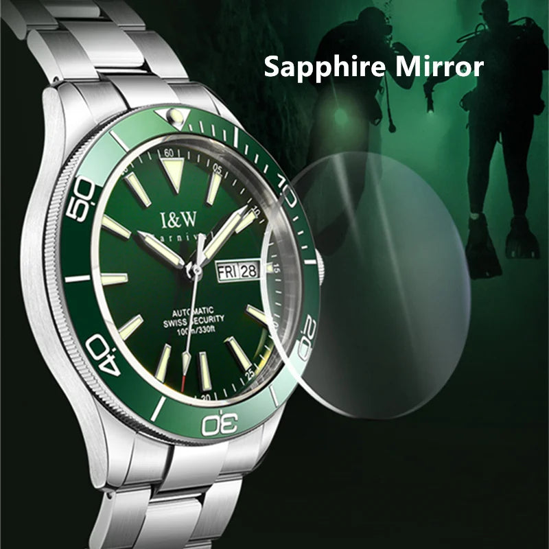 I&W SII NH36 Luxury Brand Automatic Mechanical Men Watch GMT 100m Waterproof Diving Sport Green Water Ghost Wrist Watch for men