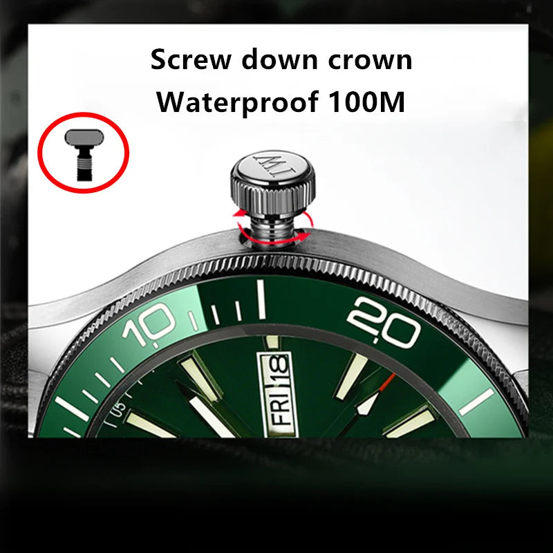 I&W SII NH36 Luxury Brand Automatic Mechanical Men Watch GMT 100m Waterproof Diving Sport Green Water Ghost Wrist Watch for men