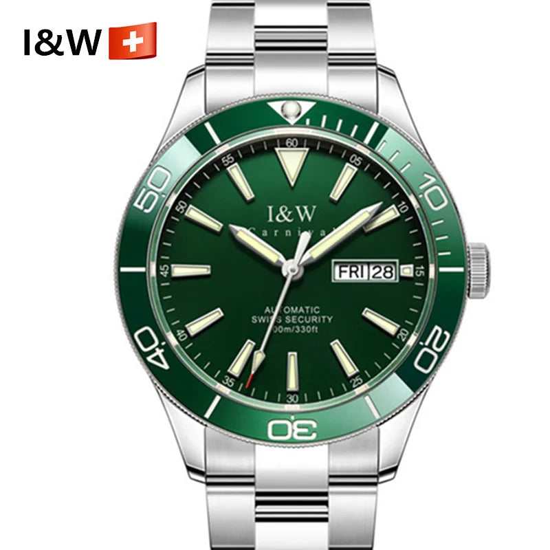 I&W SII NH36 Luxury Brand Automatic Mechanical Men Watch GMT 100m Waterproof Diving Sport Green Water Ghost Wrist Watch for men