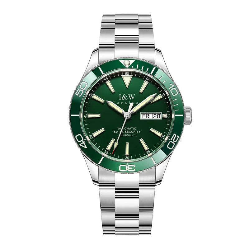 I&W SII NH36 Luxury Brand Automatic Mechanical Men Watch GMT 100m Waterproof Diving Sport Green Water Ghost Wrist Watch for men