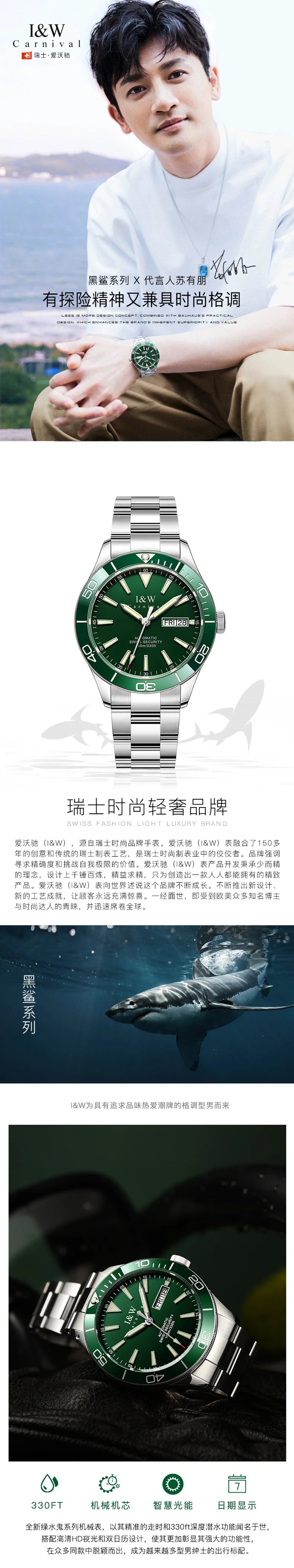 I&W SII NH36 Luxury Brand Automatic Mechanical Men Watch GMT 100m Waterproof Diving Sport Green Water Ghost Wrist Watch for men