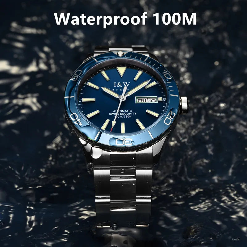 I&W SII NH36 Luxury Brand Automatic Mechanical Men Watch GMT 100m Waterproof Diving Sport Green Water Ghost Wrist Watch for men